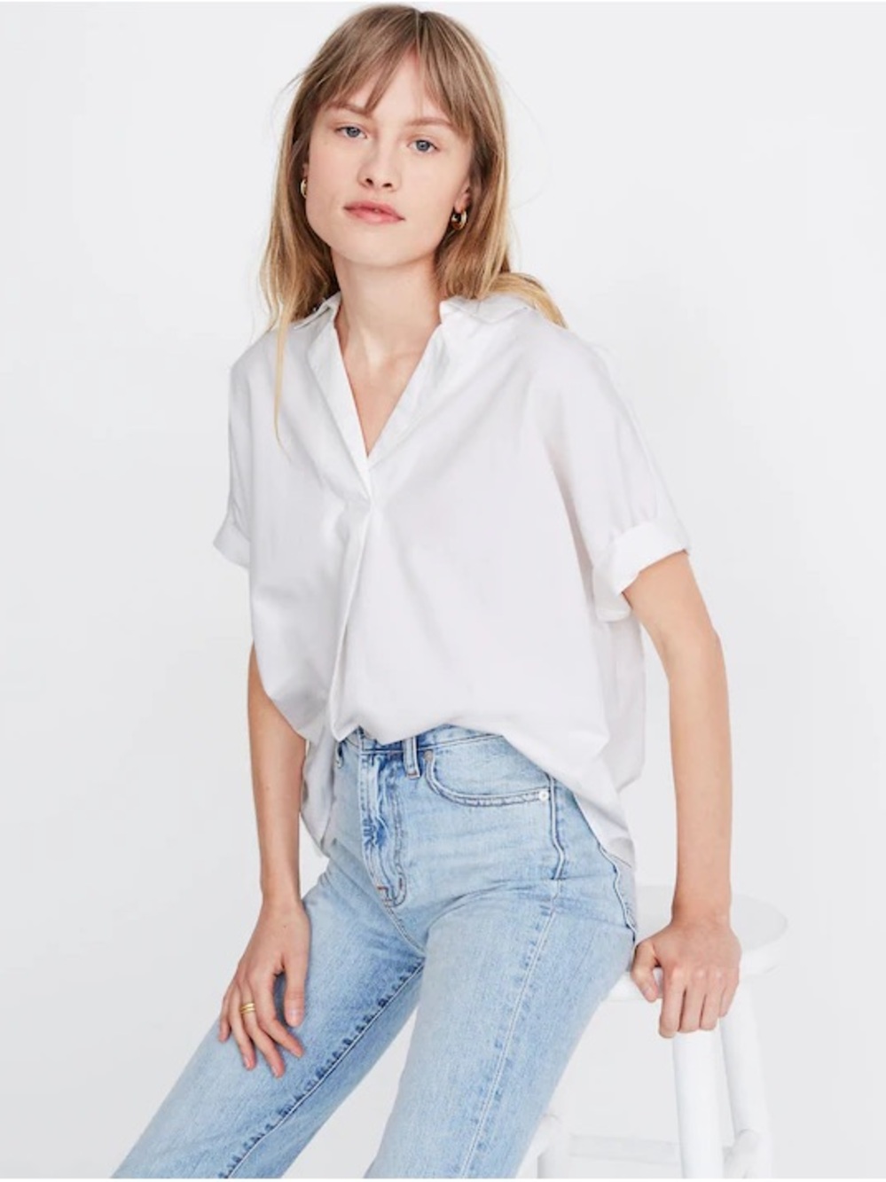 Madewell Park Popover top w button detail; White Short-Sleeve Popover Shirt Sz S